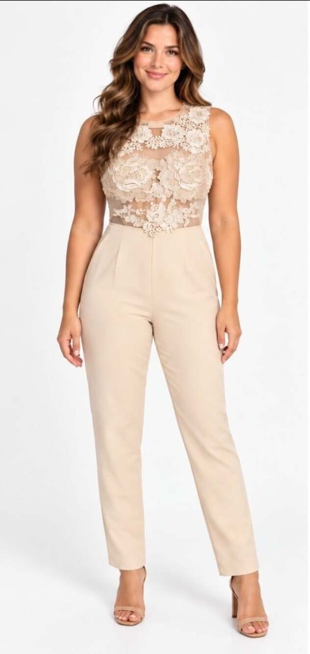 Iris Basic Women’s Sz M Ivory Floral Lace Sheer Bodice Jumpsuit Sleeveless T110